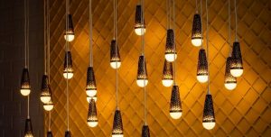 LED lights hanging in a random pattern.